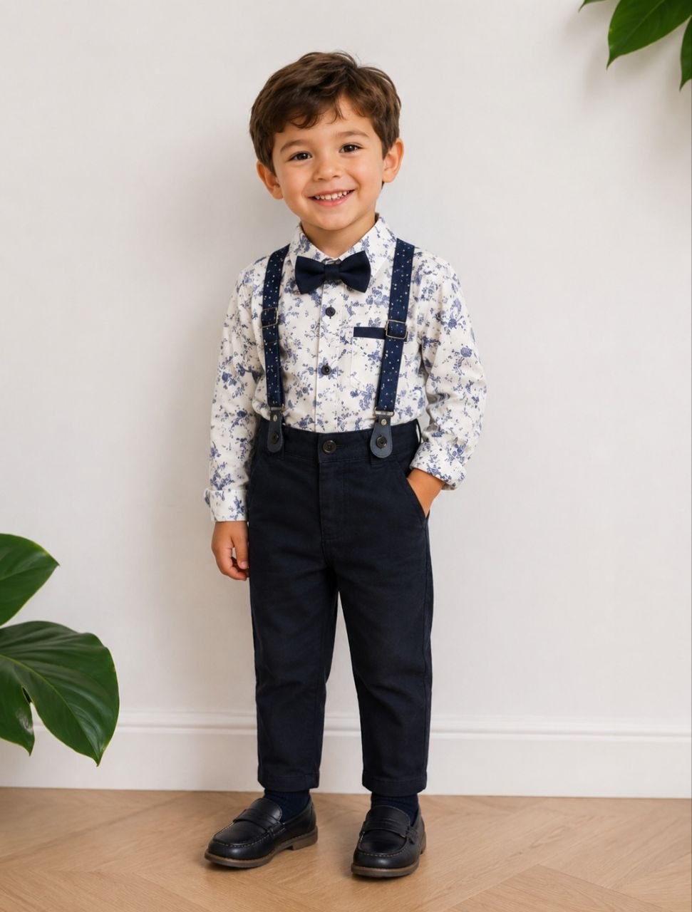 Boys Floral Suspender Outfit with Bow Tie