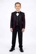 Boys Black 5-Piece Formal Suit with Burgundy Patterned Blazer