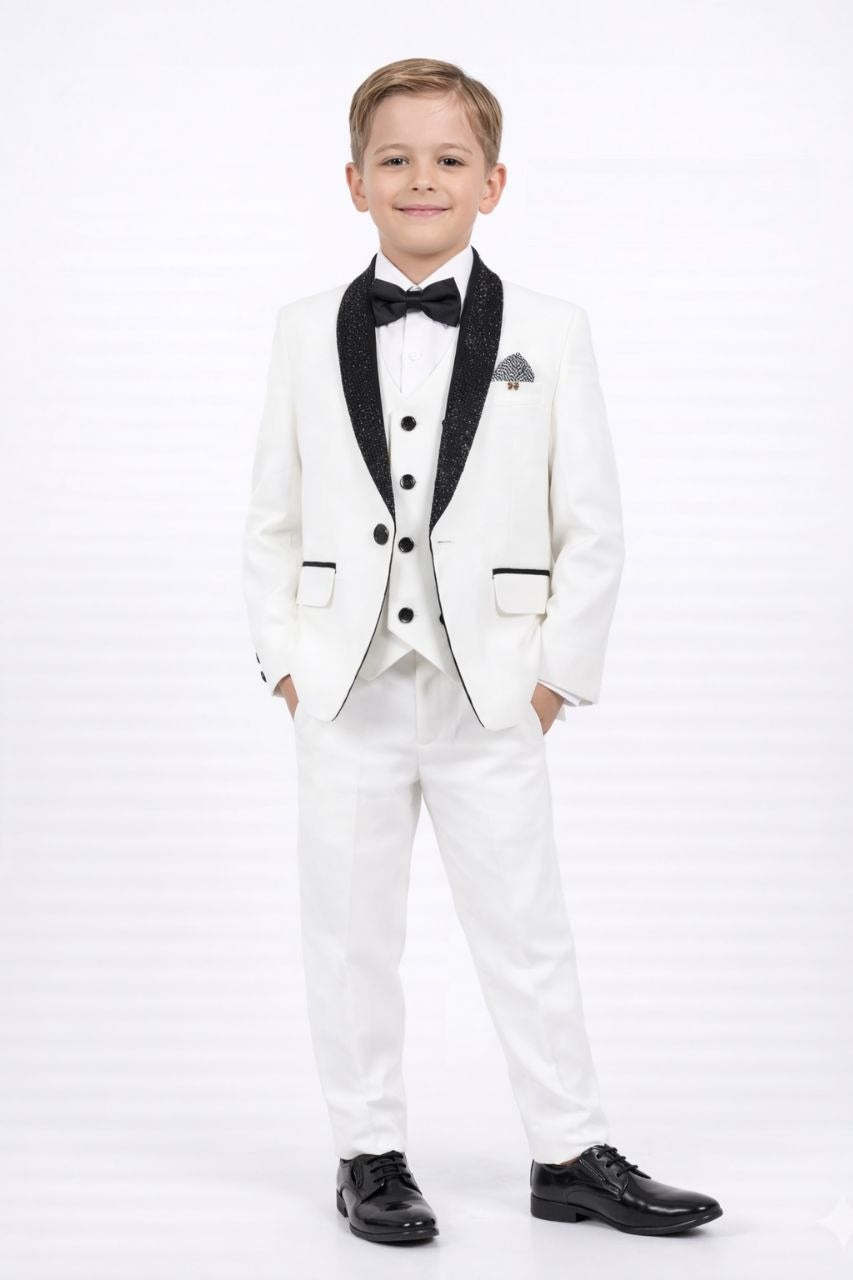White Boys 5-Piece Formal Suit with Black Shawl Collar - 6 to 14