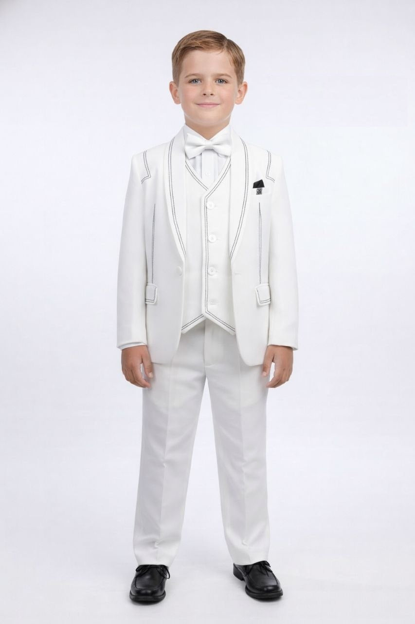 White Boys 5-Piece Formal Suit with premium Stitching detail 6 to 10