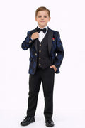 Boys Black 5-Piece Formal Suit with Navy Patterned Blazer 6 to 10