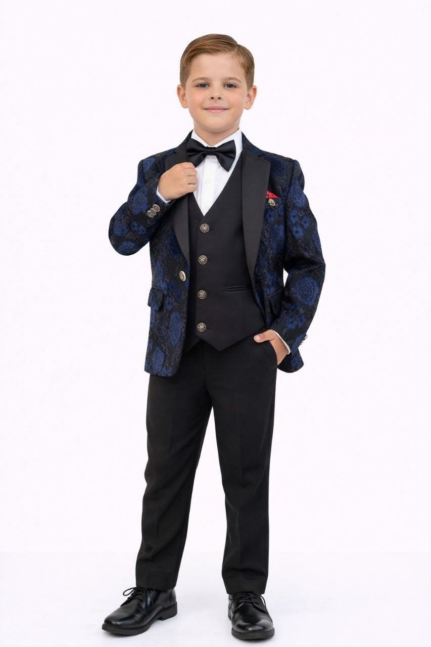 Boys Black 5-Piece Formal Suit with Navy Patterned Blazer 6 to 10