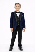Boys 5-Piece Formal Suit with Navy Blue Jacket and Black Vest and pands-6 to 10