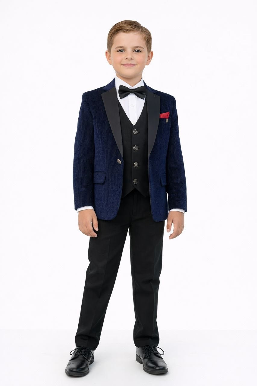 Boys 5-Piece Formal Suit with Navy Blue Jacket and Black Vest and pands-6 to 10