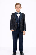 Navy Boys Premium 5-Piece Formal Suit with Patterned Blazer