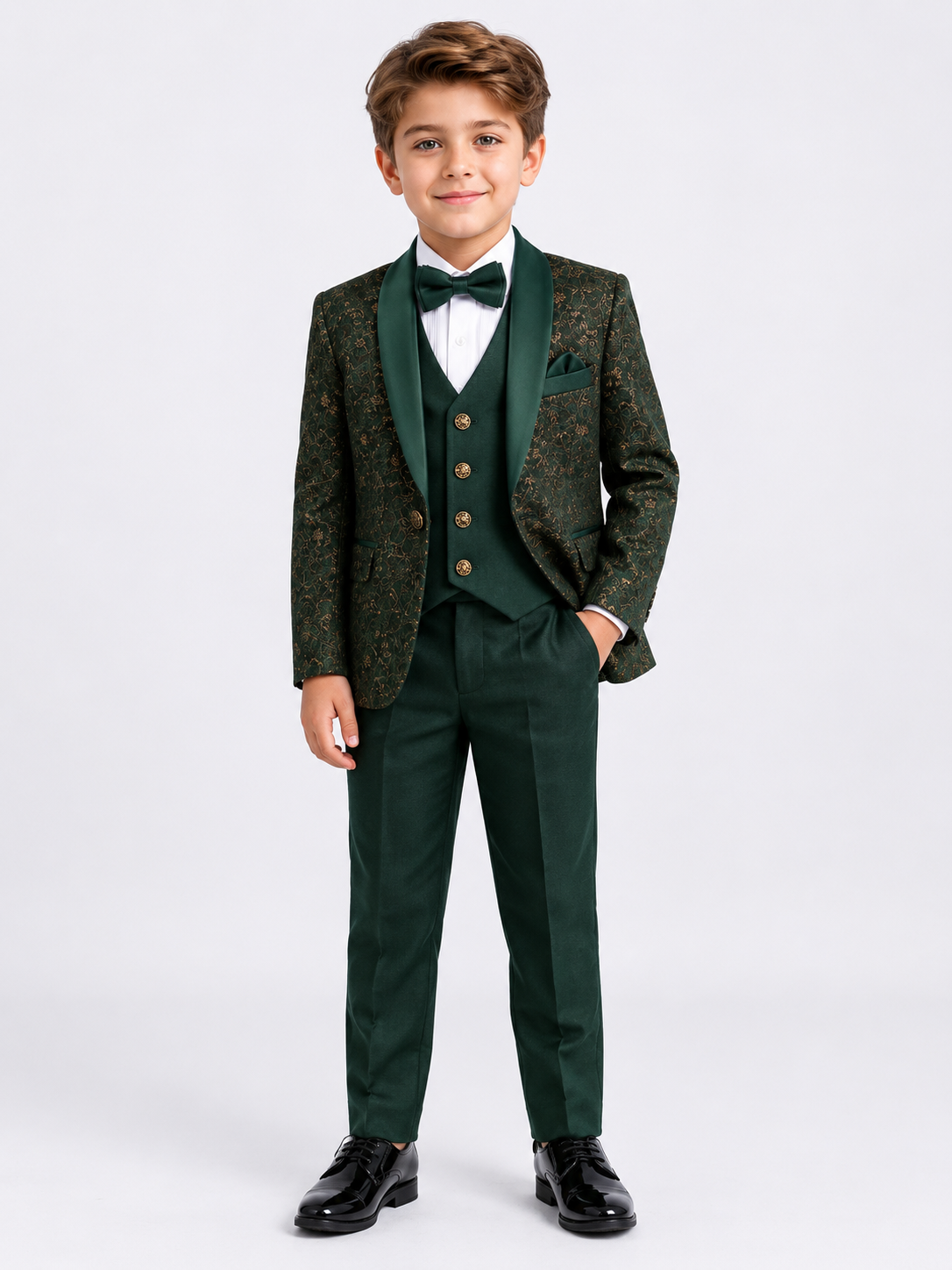 Green Boys Party Suit with Vest, Bow Tie & Patterned Jacket - 6 to 10