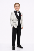 Black 5 piece boys suit with patterned white black blazer