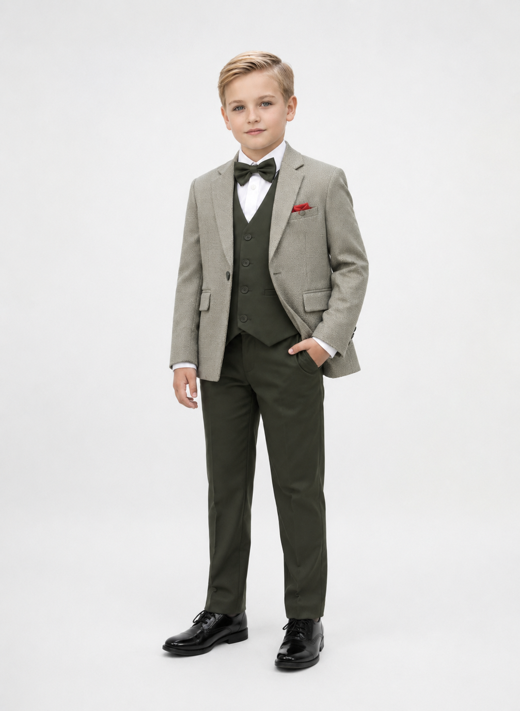 Green 5 Piece Classic Boys Suit with Olive Green Blazer