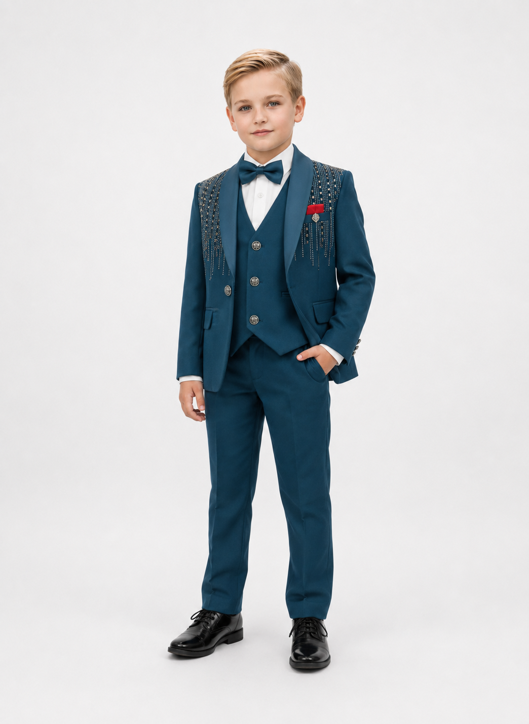 Teal Blue Boys 5-Piece Formal Suit with Shoulder Detailing 12 to 14
