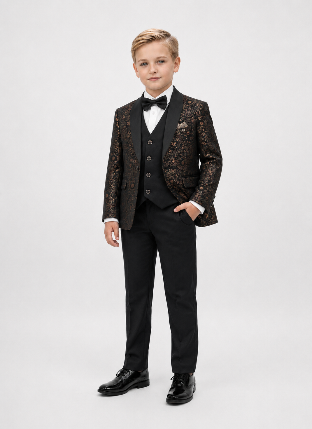 Black Classic Royal Pattern 5-Piece formal Tuxedo suit for Boys