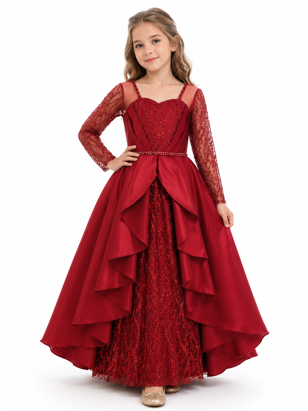 Elegant Ruby Red Princess Dress for Girls