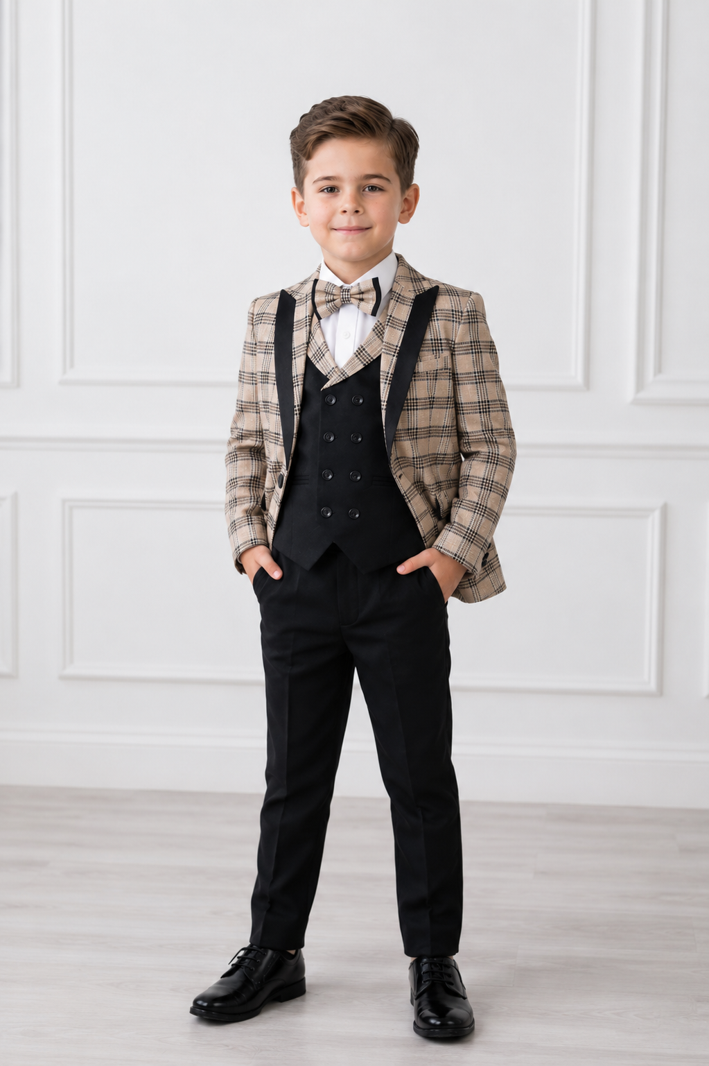 Beige Boys Checkered Blazer Suit with Black Vest and Pants-7 to 10