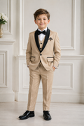 Beige Boys 5-Piece Formal Suit with Vest, Bow Tie & Pants-12 to 14