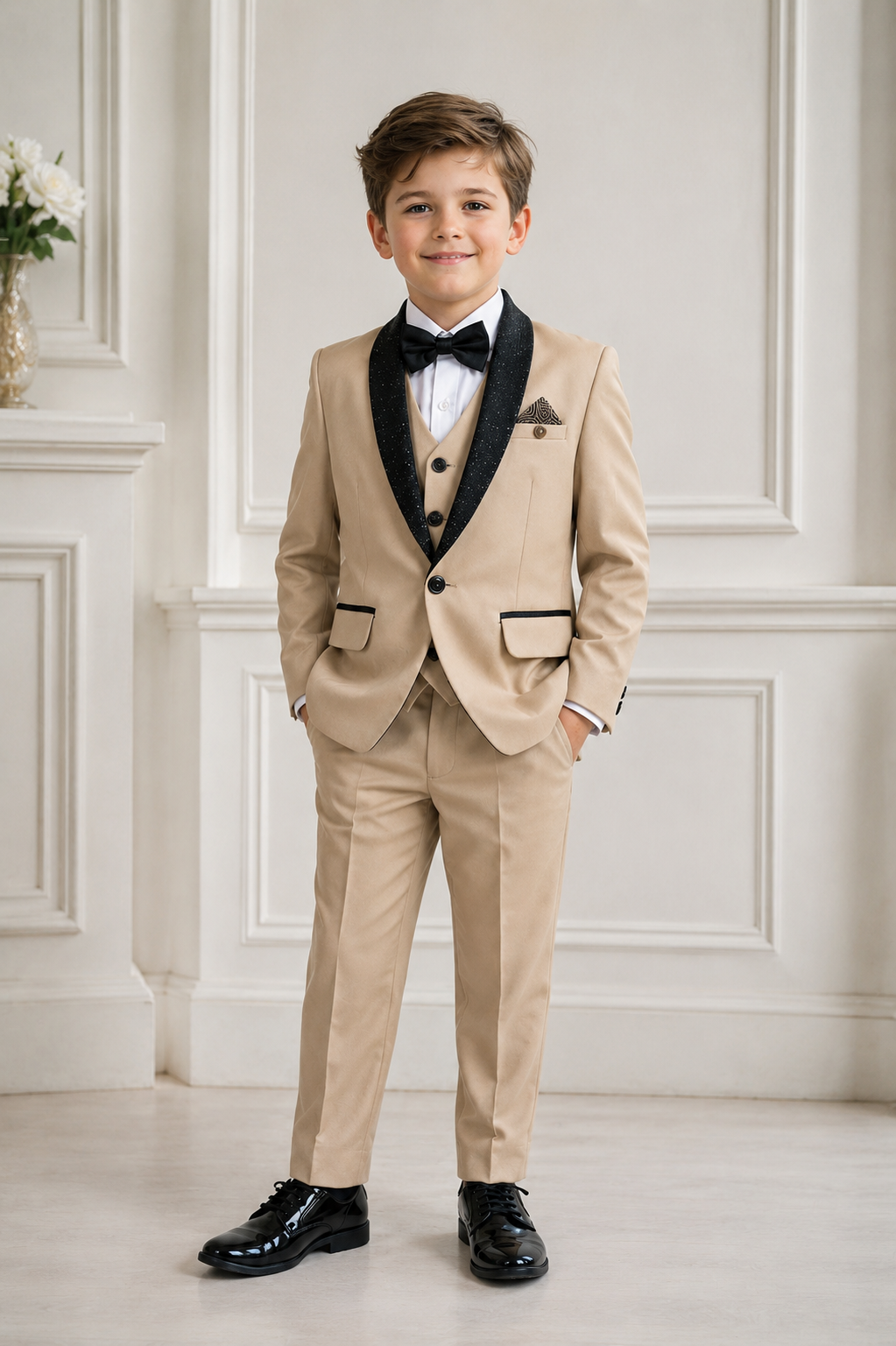 Beige Boys 5-Piece Formal Suit with Vest, Bow Tie & Pants-12 to 14
