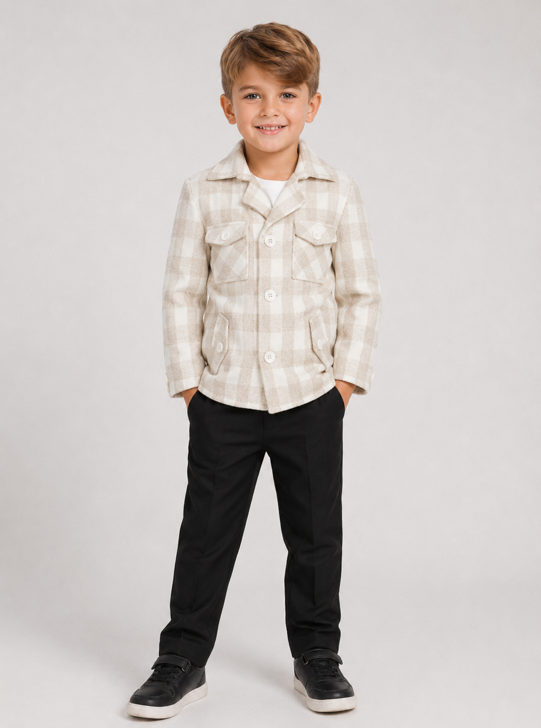 Boys Beige Checkered Casual Blazer